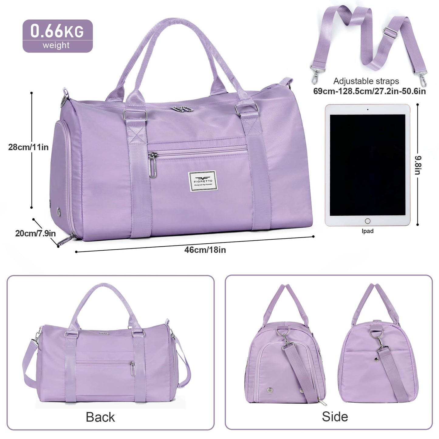 FIORETTO Womens Gym Tote Duffle Bag with Wet Pocket & Shoe Compartment, Sports Duffel Overnight Weekender Hospital Workout Carry on Bag for Girls, Ideal for Travel, Swimming, Dance, Ballet Purple