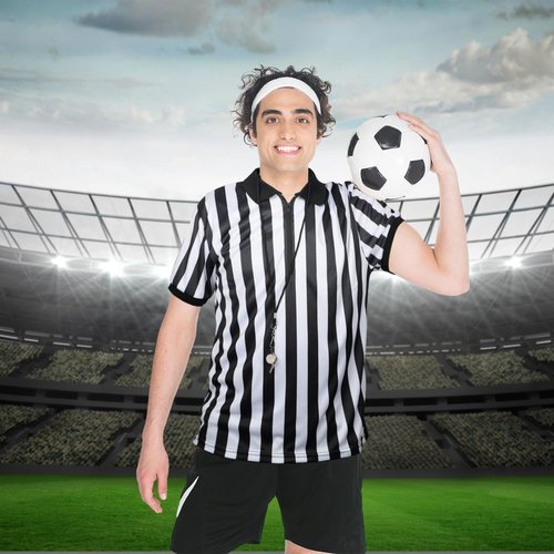 Syhood Men's Referee Shirt Stripe Umpire Jersey, Penalty Flag and Whistle for Football Soccer Sports and Halloween Cosplay(Large)