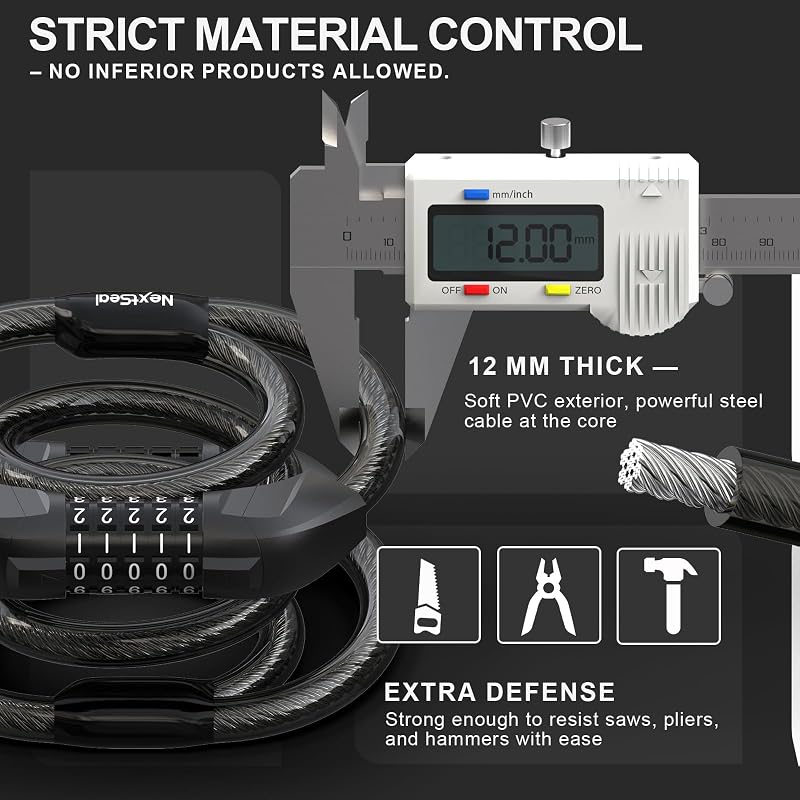 NextSeal Dual Cable Lock for E-Scooters & Bikes - 12mm 5-Digit Combination - Black