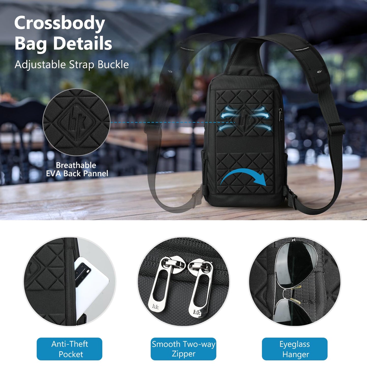 HEROIC KNIGHT Crossbody Sling Bag for Men, Waterproof Sling Crossbody Backpack with USB Charging Port, Anti Theft Chest Shoulder Hiking Bags Daypack for Commute, Work, Sport, Travel - Black