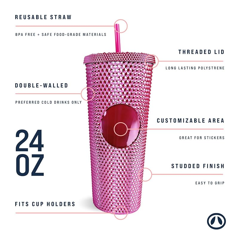 Hogg 24 oz Studded Tumbler with Lid and Straw - Glossy Pink, Glitter Rhinestone Cup