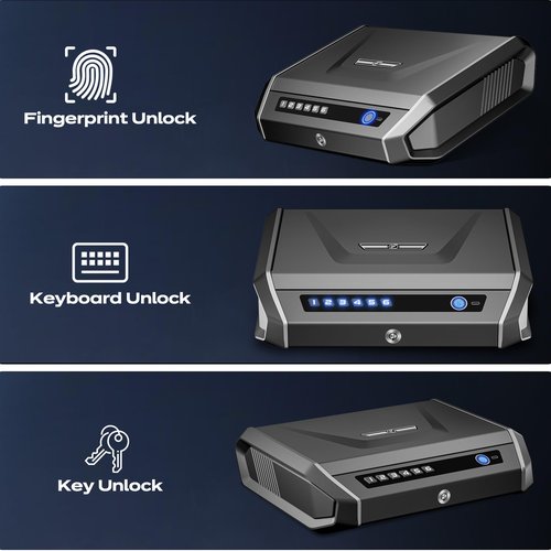 Gun Safe with LCD Display, ??.1s Quick Access Handgun Safe for 2-4 Pistols, Hand Gun Lock Box with Fingerprint | Keypad | and Keys for Home Drawer Bedside Nightstand TOPMEDA
