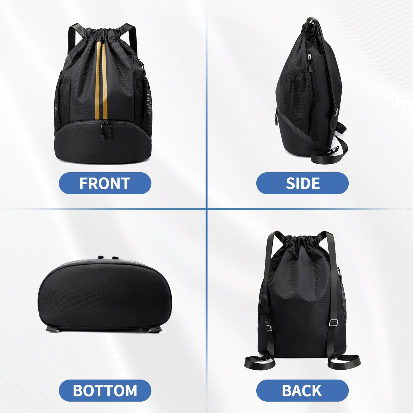 JELUTAR Drawstring Backpack Gym Bag with Shoes Pocket, Black Gold