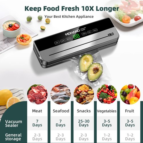 MDHAND Food Saver Vacuum Sealer Machine, 6 IN 1 Vacuum Sealer For Food with 30pcs Bags & Built-in Cutter & Accessory Hose (Grey)