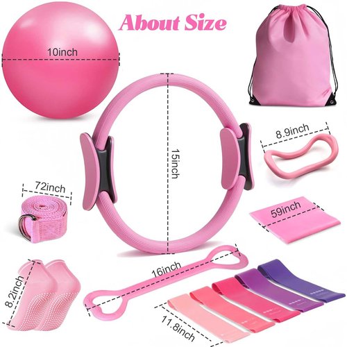 Yuheybe Pilates Ring Essentials Kit for Women，Home Pilates Kit with 9.8” Pilates Balls, Resistance Bands, Yoga Socks, Magic Circle, Carrying Bag, 13-Piece Home Workout Set