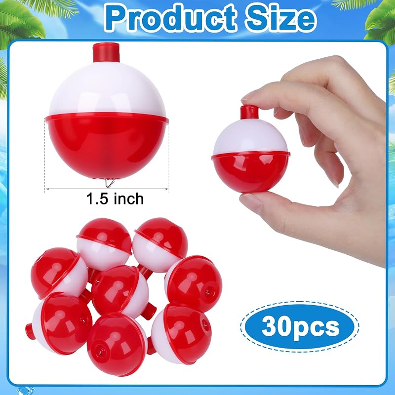 1.5 Inch Fishing Bobbers Floats Set, 30 Pieces, Push Button Round Red/White