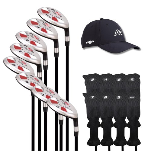Right Handed Majek K5s Hybrid Set Senior Men's Standard with Jumbo Grips Includes 3-PW Clubs with Black Hybrid Headcovers and Black Majek Golf Hat