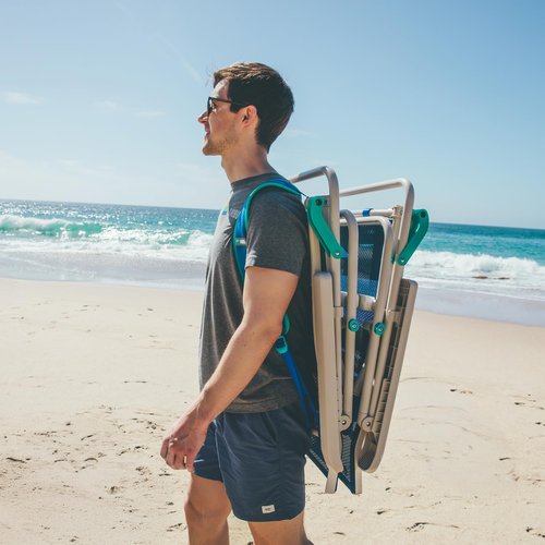 Shibumi Beach Chair. Anti-Rust Marine Grade Frame. 300lb Capacity. Weighs 8 Pounds. Adjustable Padded Backpack Straps. Breathable Fabric.