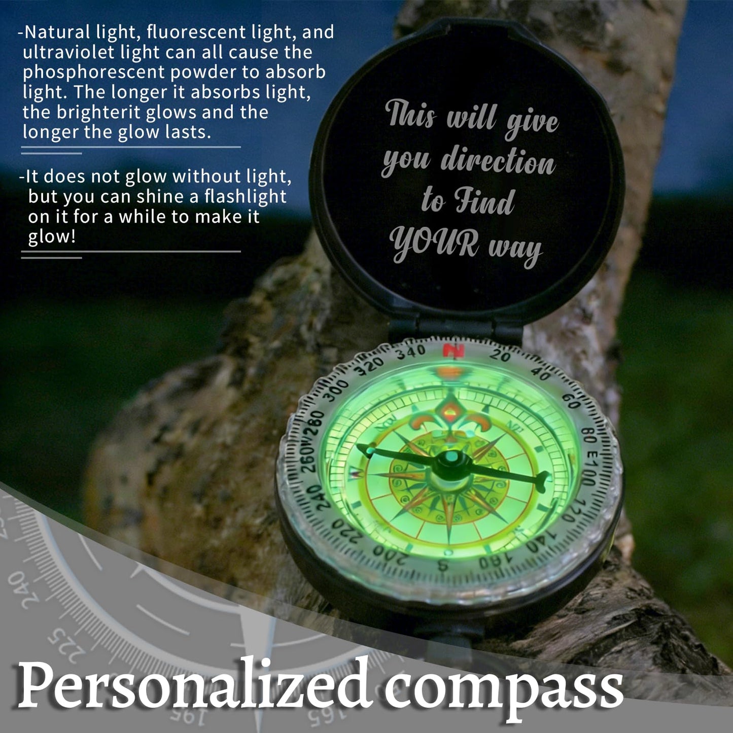Custom Crowd Compass Keychain Engraved with Text Photo Personalized Brass Compas Waterproof Luminous Function for Men Boyfriend Groomsmen Son Graduation Gifts (Engraved Compass)