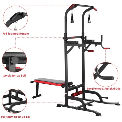 Arlopu Power Tower with Bench, Pull Up Bar Stand, Dip Bar w/Folding Bench 4 Ropes Strength Training, Multi-Function Fitness Equipment for Home Gym, Adjustable Heights and Angles Dip Station, 400LBS