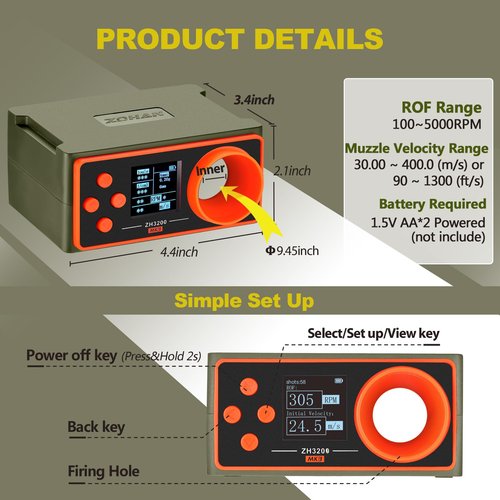 ZOHAN Upgrated Airsoft Chronograph, Airsoft Gun Speed Tester, BBS Paintball Chronograph Shooting, Precise Readings, Simple Set Up, 4 Adjustable Parameters