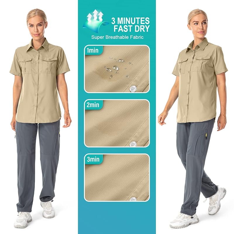 Women's UPF 50+ Quick Dry Button-Down Shirt with Short Sleeves Khaki Medium — Outdoor Sun Protection