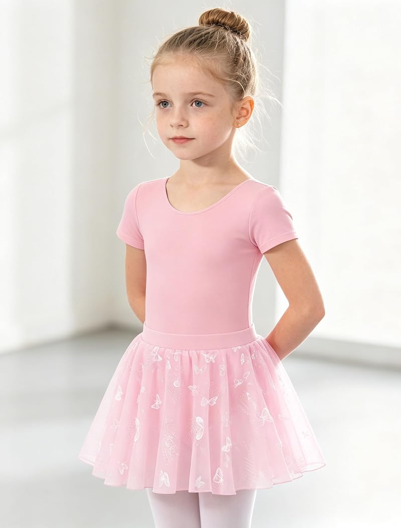 MdnMd Ballet Pink 4-6 Years Toddler Girl Leotard Set with Butterfly Skirt & Bow Back