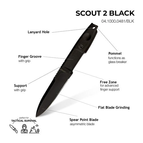 Extrema Ratio - SCOUT 2 (BLACK), Fixed Blade Knife, Böhler N690 Steel Hardened to 58 HRC, Black Oxide Finish, Full Tang, Anticorodal Aluminum Handle, Multi-Position Polymer Sheath