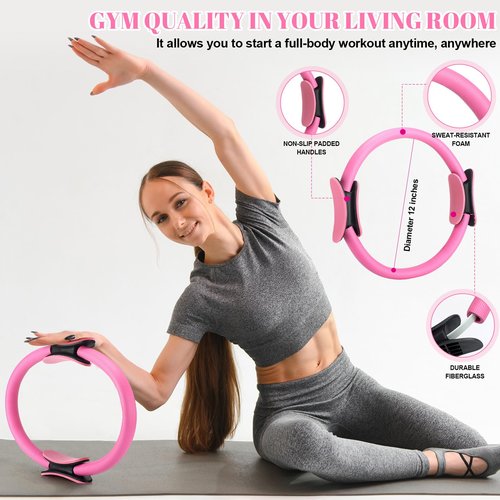 RoundFunny Pilates Ring Circle Set 15 Pcs Exercise Equipment Accessories for Women Workouts Pilates Ball Stretching Strap Gym Backpack Resistance Band Arm Stretcher for Training Body Shape