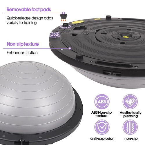Half Balance Ball Trainer, 26 inch Stability Ball with Resistance Bands, Exercise Ball with Foot Pump, Gray