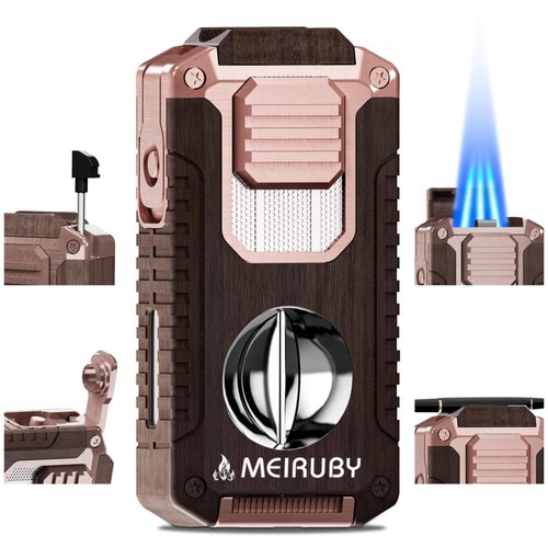 MEIRUBY 5-in-1 Butane Torch Lighter, Refillable Jet Flame Lighter with V-Cutter, Punch, Holder and Draw Tool, Multi-Functional Accessories Gift for Men, Dad, Husband, Friend
