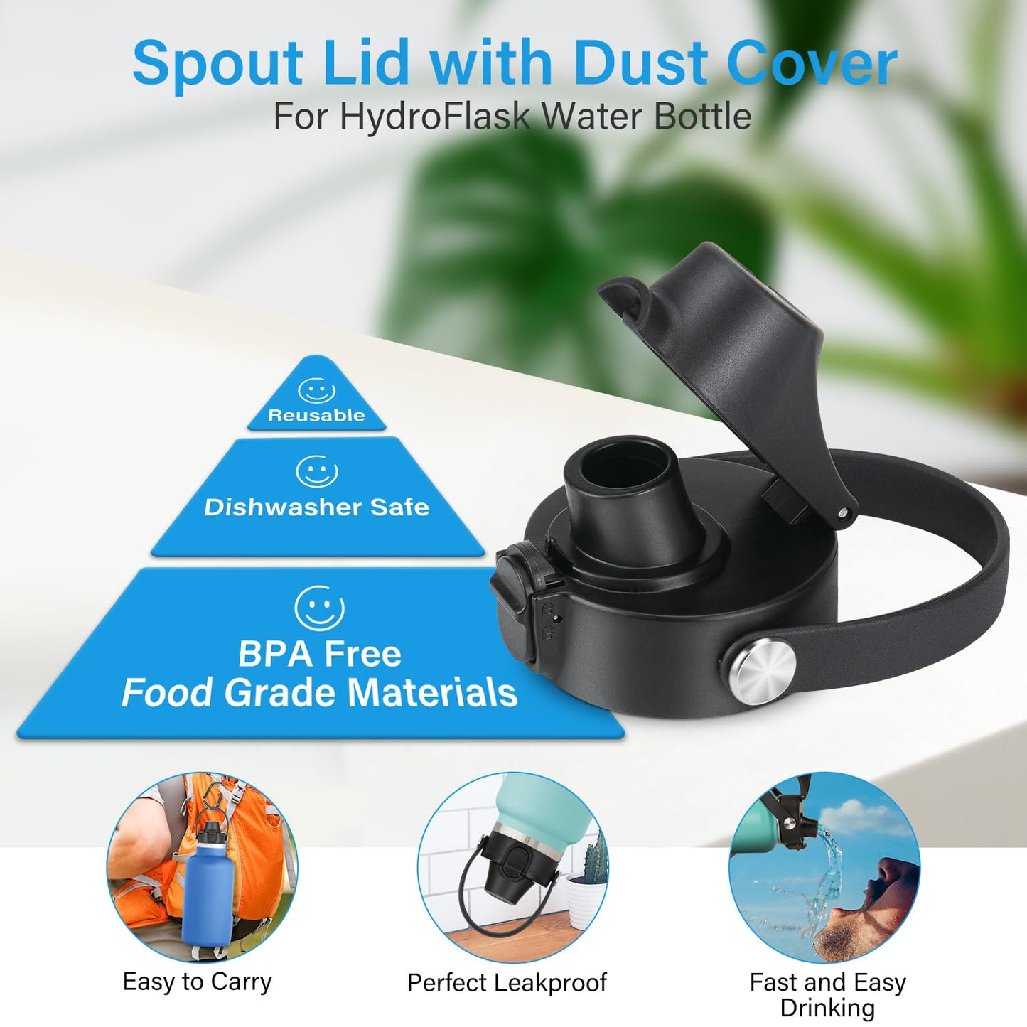 Auto Spout Lid for HydroFlask Wide Mouth Sport Water Bottles, Replacement Lid for Hydro Flask Wide Mouth 12, 16, 18, 32, 40, 64oz, Chug Lid with Flexible Handle, Button Lock, Black