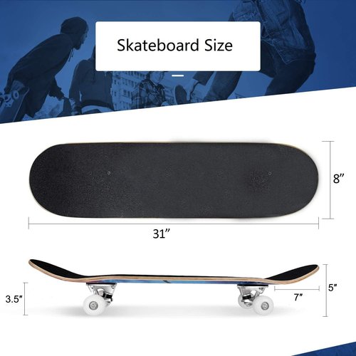 CLYCTIP Complete Skateboards- Standard for Beginners Kids Boys Girls Teenager- 31''x 8''Canadian Maple Cruiser Pro Skate Board