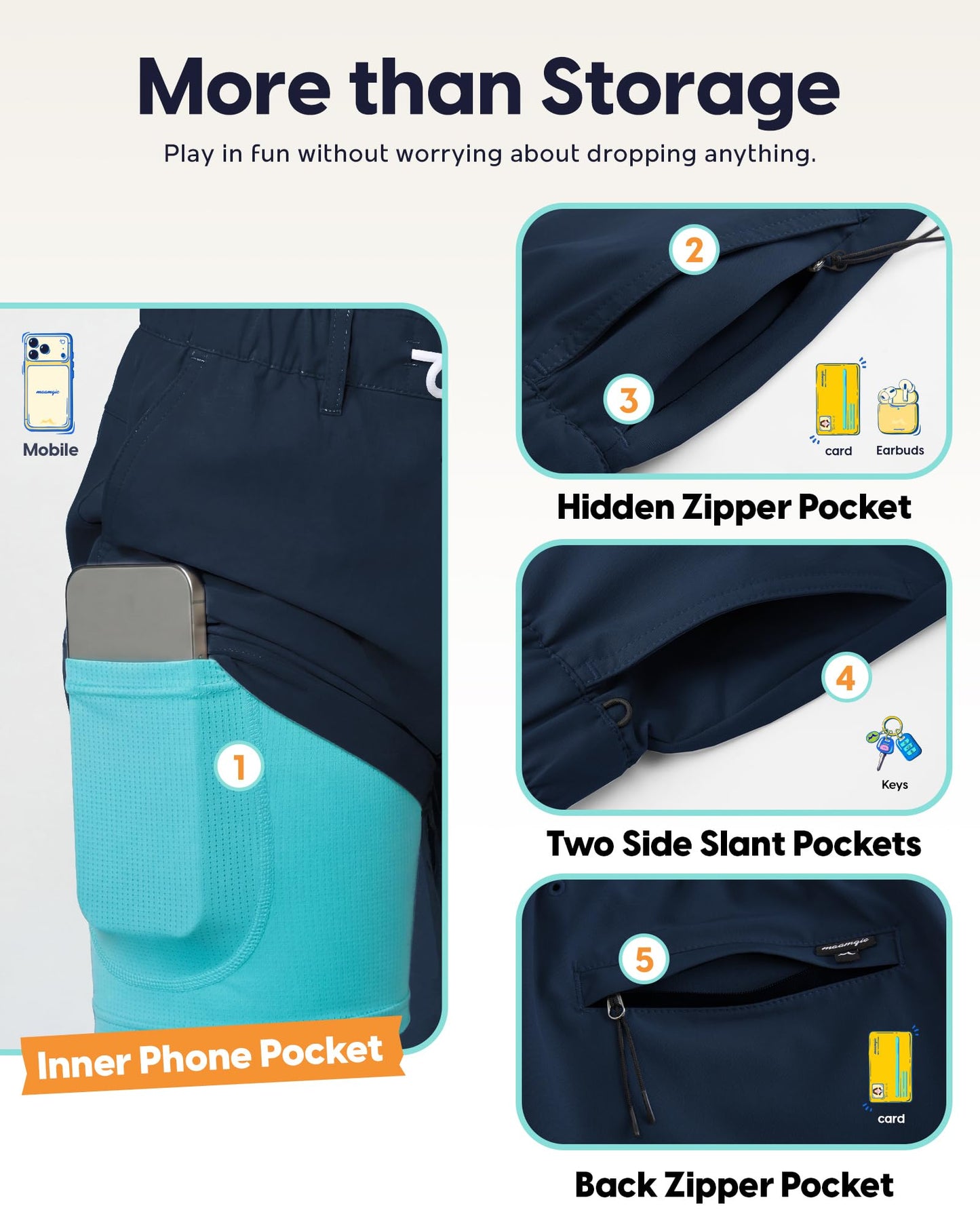maamgic Boys Casual Shorts with Compression Liner & Zipper Pockets Stretch Fit School Uniform Shorts for Golf，Running Navy-Light Blue
