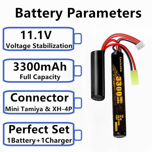 Cecicebb Airsoft Battery 11.1v 3300mAh Nunchuck Battery with Mini Tamiya Plug for aeG AK47 M4 MP5 Airsoft Model Guns Rifles 1 Pack 3S Rechargeable Stick Shape Butterfly with USB Charger