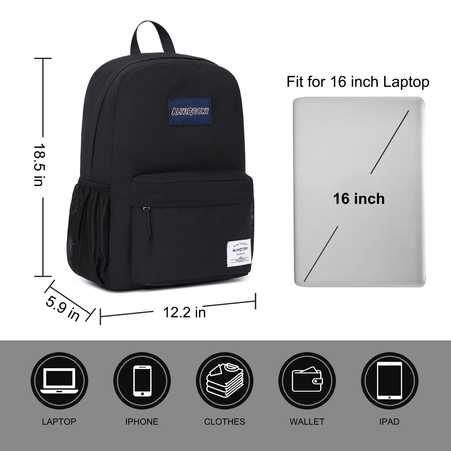 Backpack for Women Men 17 Inch Laptop Back Pack Large College Bookbag Kids Elementary Middle High School Bag for Girls Boys Teens Students Lightweight Travel Work Backpacks Casual Daypack Black