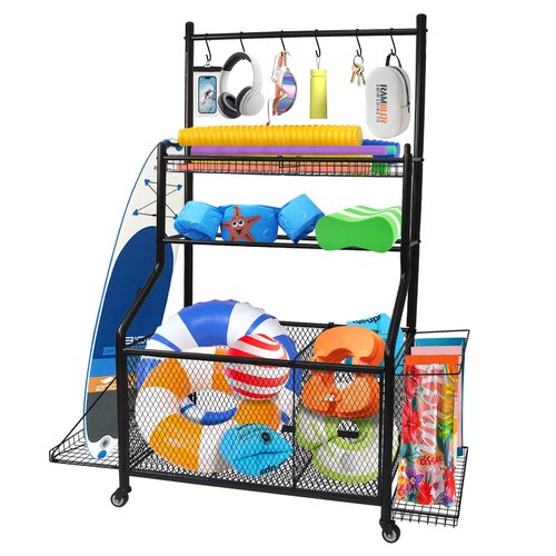 WATWEI Pool Equipment Organizer Storage Holder, Large Heavy-Duty Steel Rolling Storage Cart for Noodles, Toys, Balls, Floats Mesh, Towels, Ideal Swimming Equipments Storage Rack Indoor & Outdoor