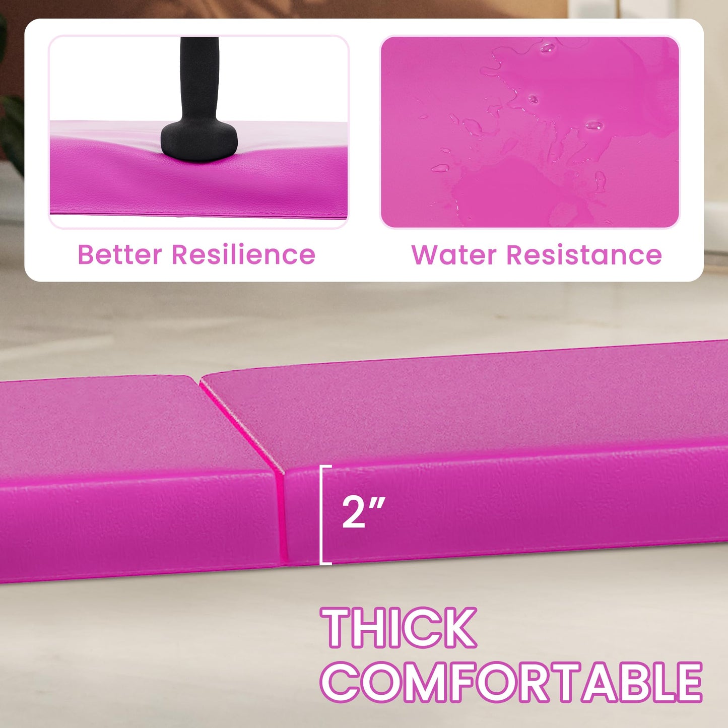 Fitvids Folding Exercise Gymnastics Mat for Tumbling, 2'x6'x2" Gym Workout Mat with Carrying Handles High-Density Anti-Tear Portable Fitness Aerobics Mats for Home Gym Yoga Pilates MMA Core Training, Hot Pink