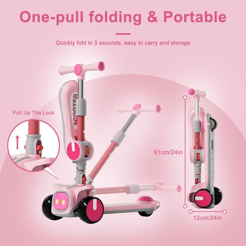 3 Wheel Scooter for Kids - Foldable & Unbreakable, 2-in-1 Kick Scooter with Music and Lights, Adjustable Height, Wide Deck, Flashing Wheel Lights, Easy for Beginner Toddlers Aged 3-8