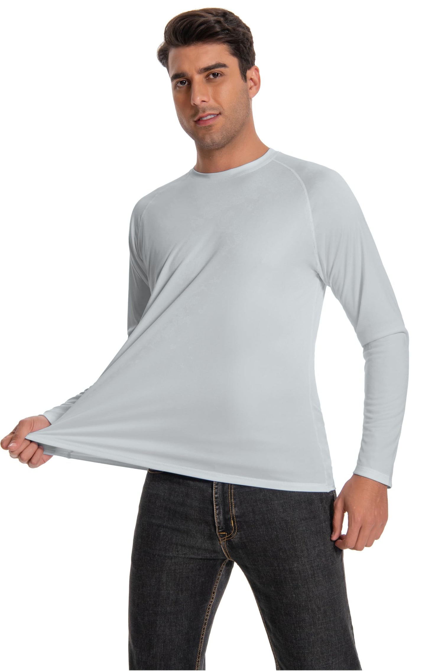 Runceptual Men's Sun Protection Shirts UPF 50+ UV Long Sleeve Rash Guard Shirts Lightweight Quick Dry for Fishing Swimming Running Hiking Gray 2XL