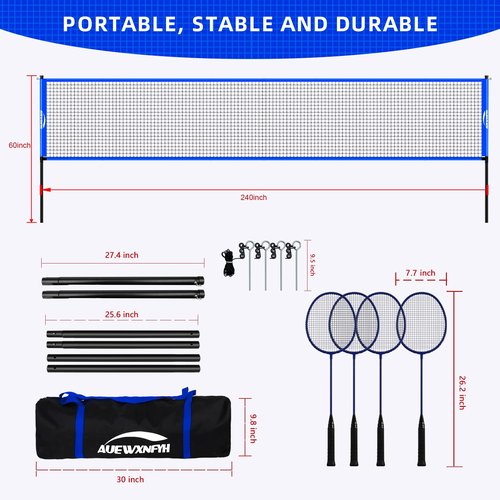 Portable Badminton Set Regulation Net- Easy Setup Steel Poles, 4 Rackets & 3 Shuttlecocks Ideal for Backyard Fun with Friends and Family from Kids to Adults - Includes Carry Bag