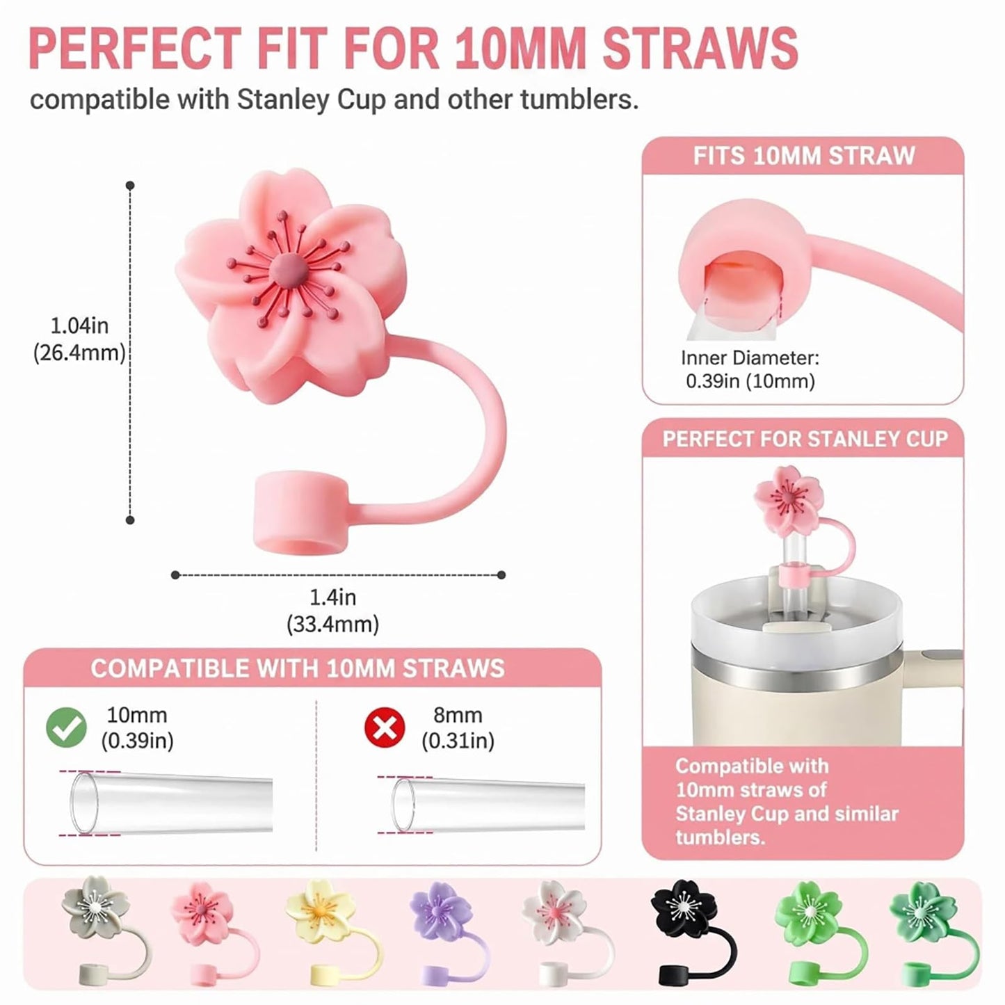 BTYHAOS Silicone Straw Caps for 10mm Tumblers | Reusable Dust-Proof Straw Toppers Compatible with Stanley 30oz & 40oz Tumblers (Purple Flower 3pc)
