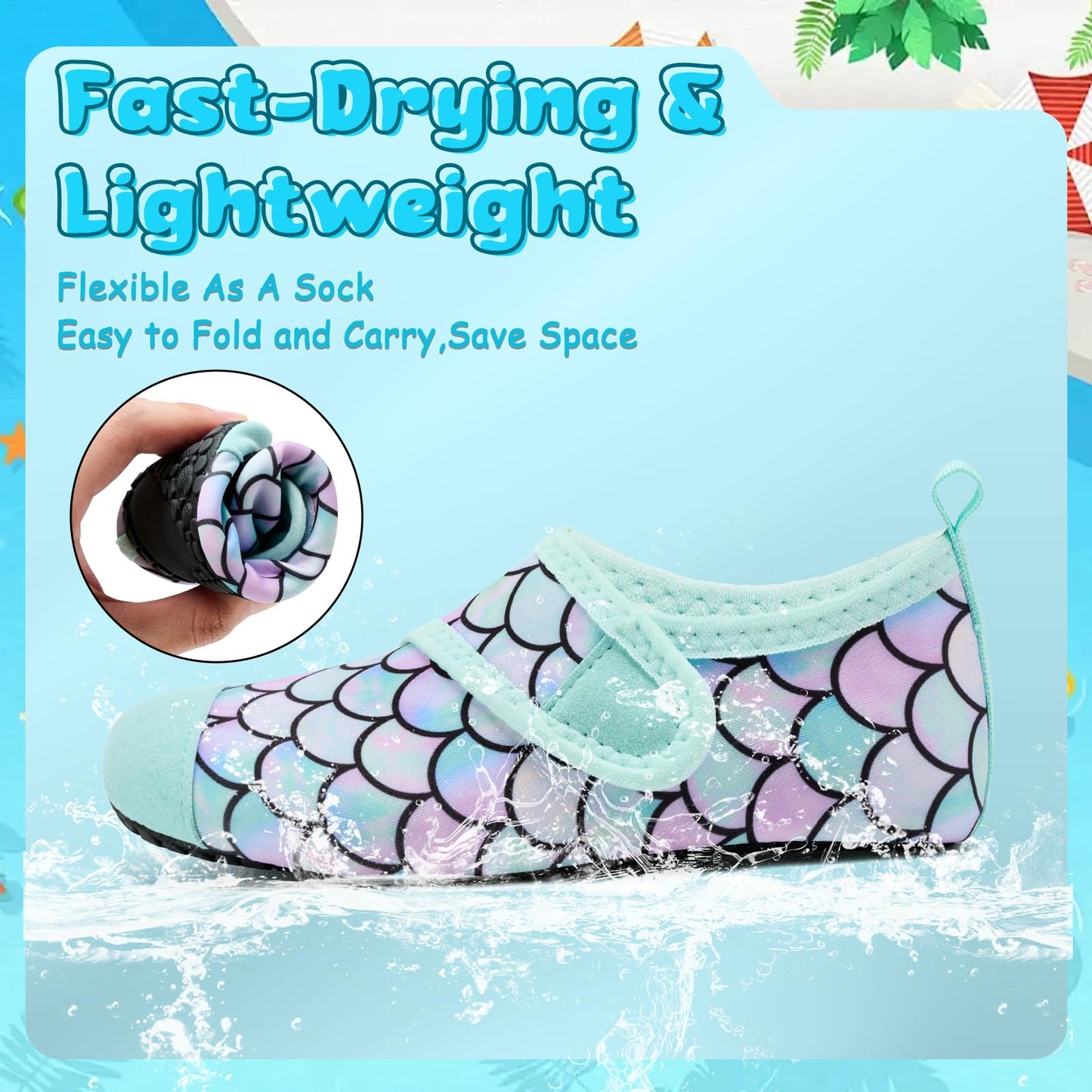 VIFUUR Kids Water Shoes Boys Girls Barefoot Water Sports Socks Hook&Loop Beach Shoes Quick Dry Aqua Socks Swim Walking Outdoor Sports for Toddler Fish Scales Green-24/25