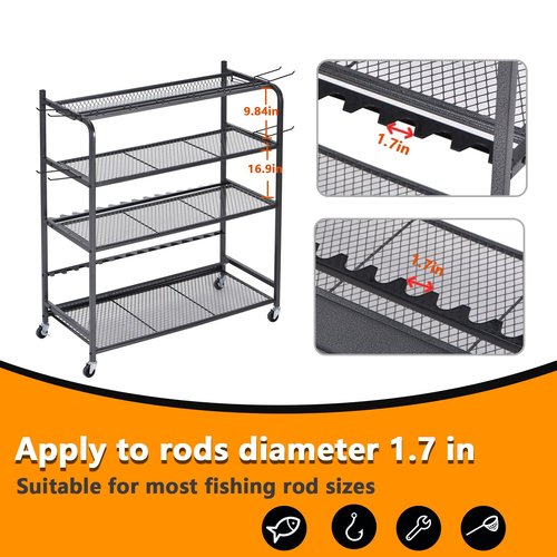 Lezbanz Heavy Duty Fishing Rod Holder, Fishing Gear Storage up to 15 Rods with Hooks and Wheels, 4-Tier Fishing Rod Rack for Large Tackle Box and Reel Organization, Space-Saving Garage Storage