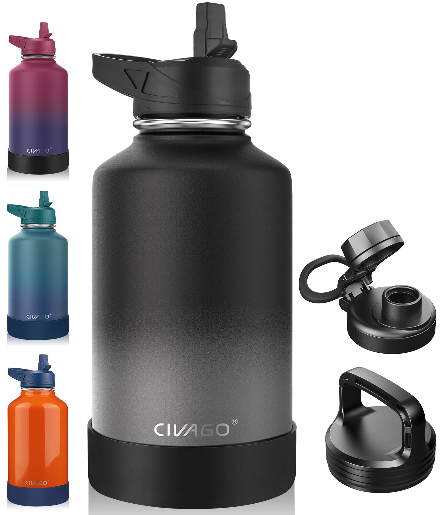 CIVAGO 64 oz Insulated Water Bottle With Straw, Half Gallon Stainless Steel Sports Water Flask Jug with 3 Lids (Straw, Spout and Handle Lid), Large Metal Thermal Cup Mug, Classic Omber Gray