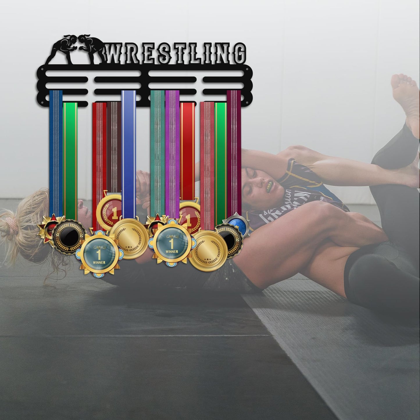 PH PandaHall Wrestling Medal Holder Athletics Medal Award Ribbon Hanger Display Rack Wall Mount Hanger Decor Trophy Shelf Tiered Award Rack for Over 50 Medals Easy to Install 15.75 Inch