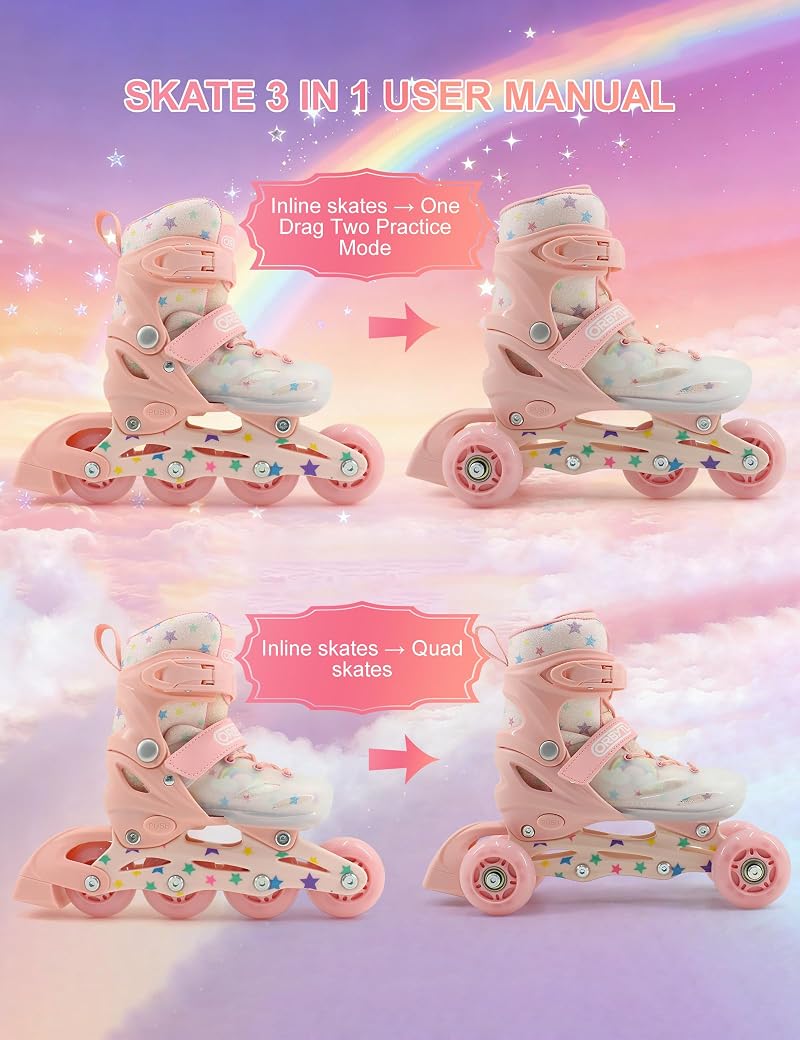 Kids Inline Skates 3-16 with Pink Variation - Adjustable Buckles & Light-Up Wheels