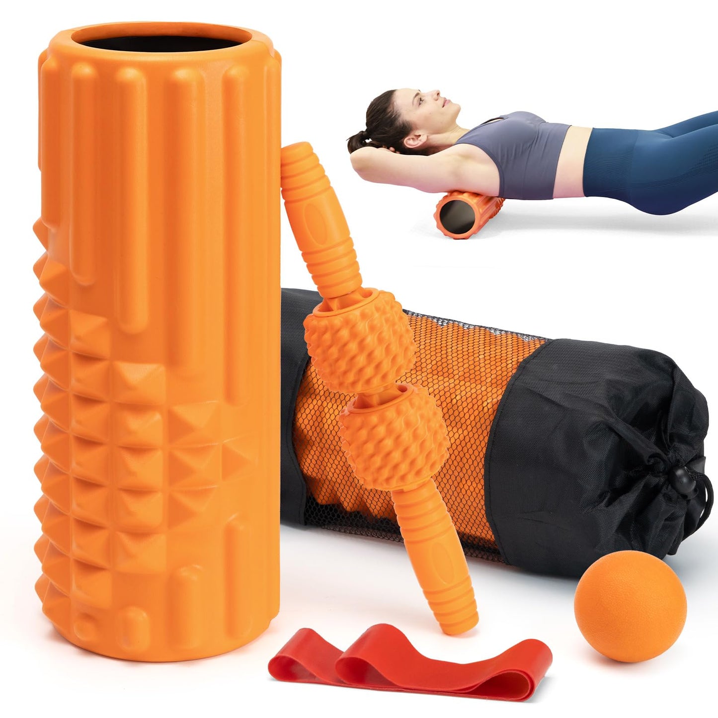 Zmarthumb 5 in 1 Foam Roller Set, High Density Fitness Exercise Foam Roller for Deep Tissue Muscle Massage, Massage Roller, Massage Ball, Resistance Band, for Whole Body(Orange)