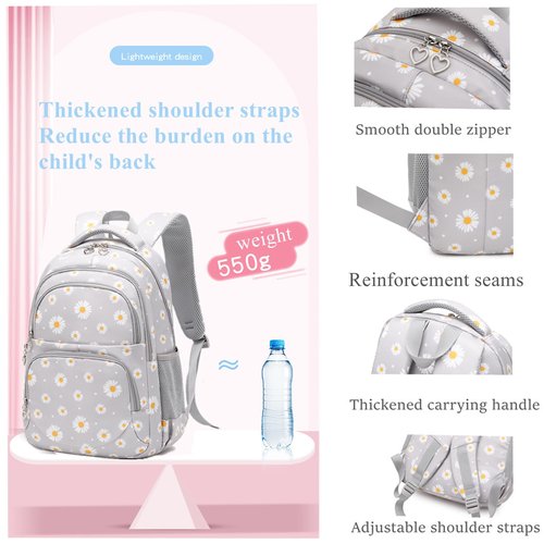 EKUIZAI 3Pcs Daisy Prints Backpack for Girls Bookbag set Primary School Daypack Elementary Students Knapsack with Lunch Box