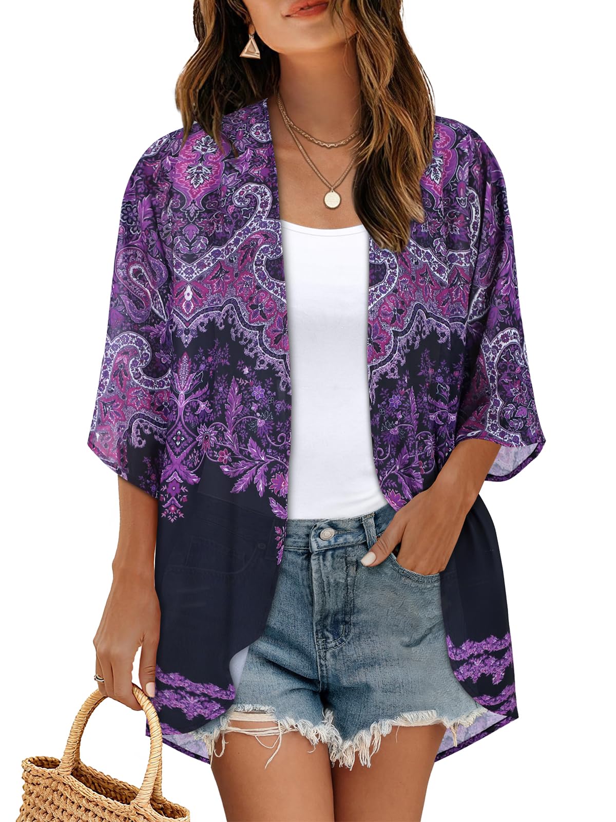 Women's Floral Kimono Print Puff Sleeve Loose Cardigan Cover Up Casual Blouse Summer Tops (Black Purple Boho, 3XL)