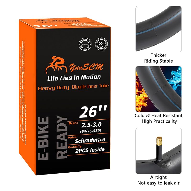 Heavy Duty 26x3.0 Inner Tube for E-Bikes 26x2.5-3.0 AV32 Schrader Valve (2-Pack) - YunSCM