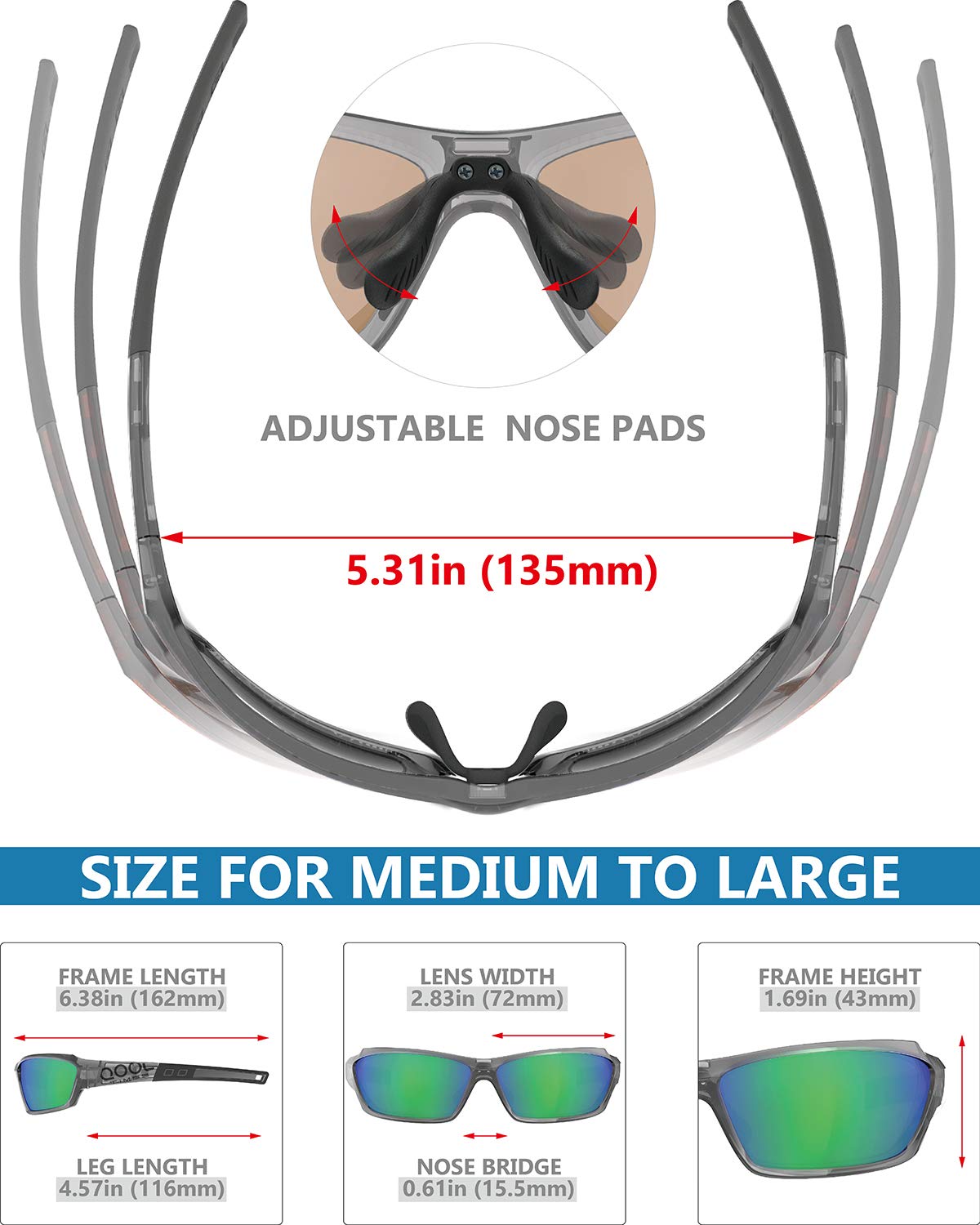 Living out your qool time Polarized Fishing Sunglasses for Men Women Green Lens UV400 Medium-Large Size for Water Sports Boating with Case Strap
