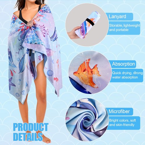 MelonBoat Mermaid Microfiber Beach Towel: 71"x35" Large Girls Beach Towel for Travel, Sand Free Super Absorbent Quick Dry, Lightweight Compact for Trip Vacation Beach Bath Camping Pool Swim, 1 Pcs