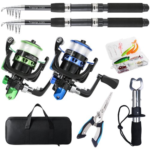 Tripquips Fishing Rod, 2PCS Telescopic Fishing Rod and Reel Combo with Fishing Pliers and Lip Gripper, Pre-Loaded Spinning Reel Combo Set, Fishing Pole with Carrier Bag Fishing Gear-Blue & Green