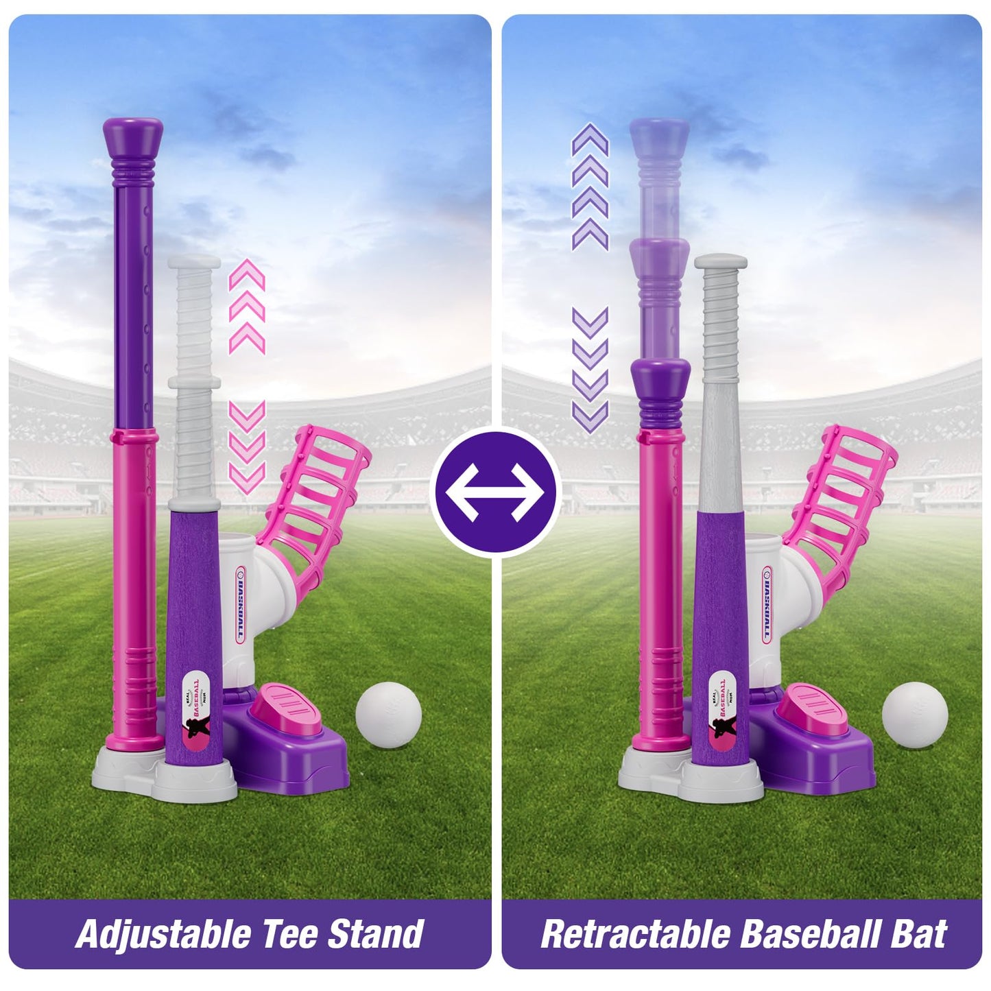 HYES Tball Set for Toddlers 3-5, Tee Ball Set with Step on Pitching Machine/Adjustable Batting Tee/Retractable Baseball Bat/8 Pop Up Balls, Outdoor Sport Toy Games for Kids Girls
