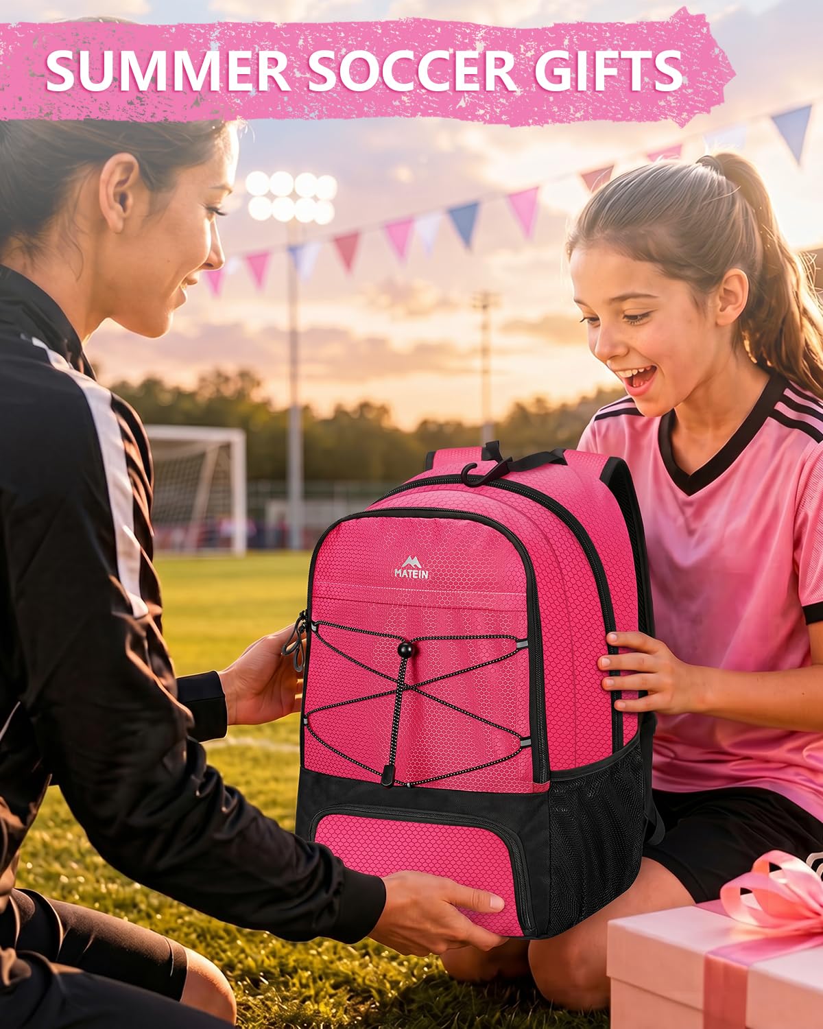 MATEIN Girls Soccer Backpack, Large Basketball Bag with Ball Holder & Shoe Compartment for Tournament & Game Day, Lightweight Youth Sports Bag with Fence Hook Fits 15.6 Inch Laptop, Soccer Team Gifts