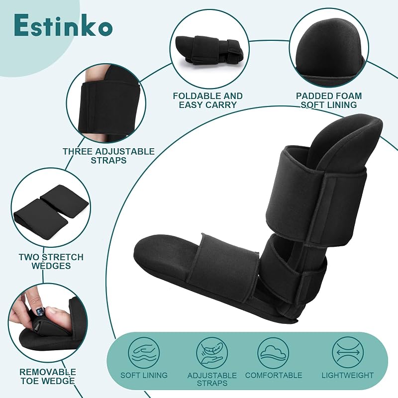 Estinko Plantar Fasciitis Night Splint – Adjustable, 3 Straps, Foam Wedges, Black Medium