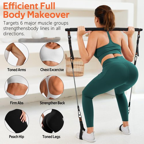 Pilates Bar Kit with Resistance Bands, 3-Section Multifunctional Yoga Pilates Bar with Metal Adjustment Buckle.Portable Pilates Equipment for Women & Men Full-Body Workouts at Home Gym