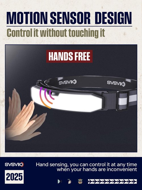 svsviio K0209 1500 Lumen Rechargeable Headlamp with Motion Sensor & Red Light-Super Bright Head Lamp,Head Lights for Forehead,LED Headband,Hard Hat Flashlight for Adults Camping,Hiking,Mechanic