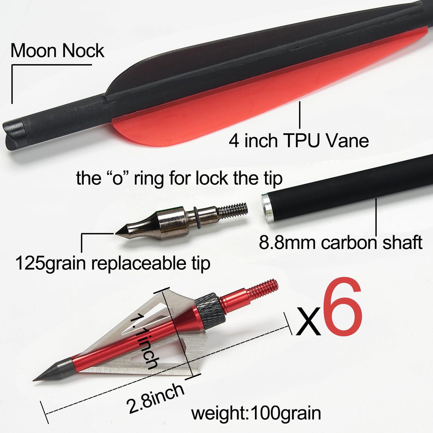 IRQ 20 Inch Crossbow Bolts and Crossbow Broadheads Set, Carbon Crossbow Arrows for Hunting and Outdoor Practice, 12 Red Arrows, 6 Broadheads(18 Pack)(Black and red)